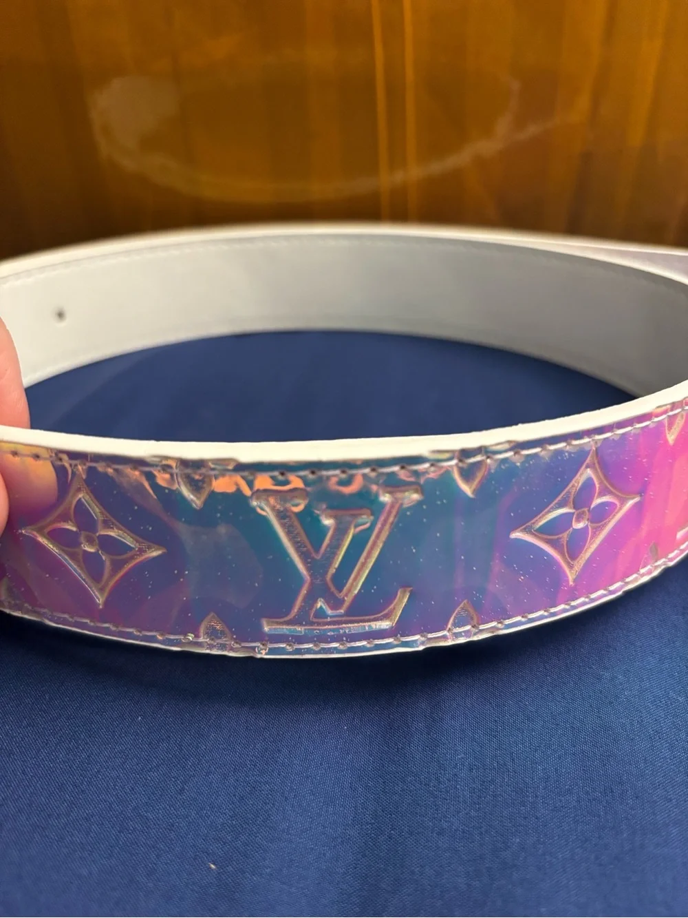 New  Iridescent Monogram Belt with Gold LV Buckle - White/Purple/Blue